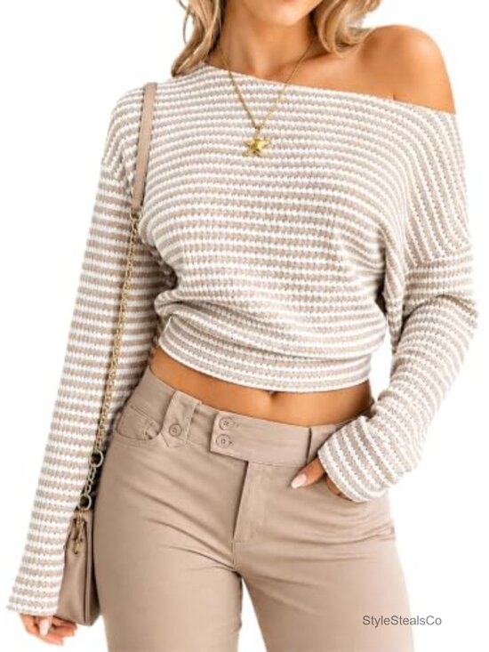 Tops - Off Shoulder Striped Knit Crop Top Long Sleeve Cinched Waist